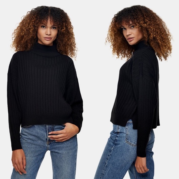 Topshop Rib Knit Mock Turtleneck Wool Blend Sweater XS Black NWT - Picture 1 of 12